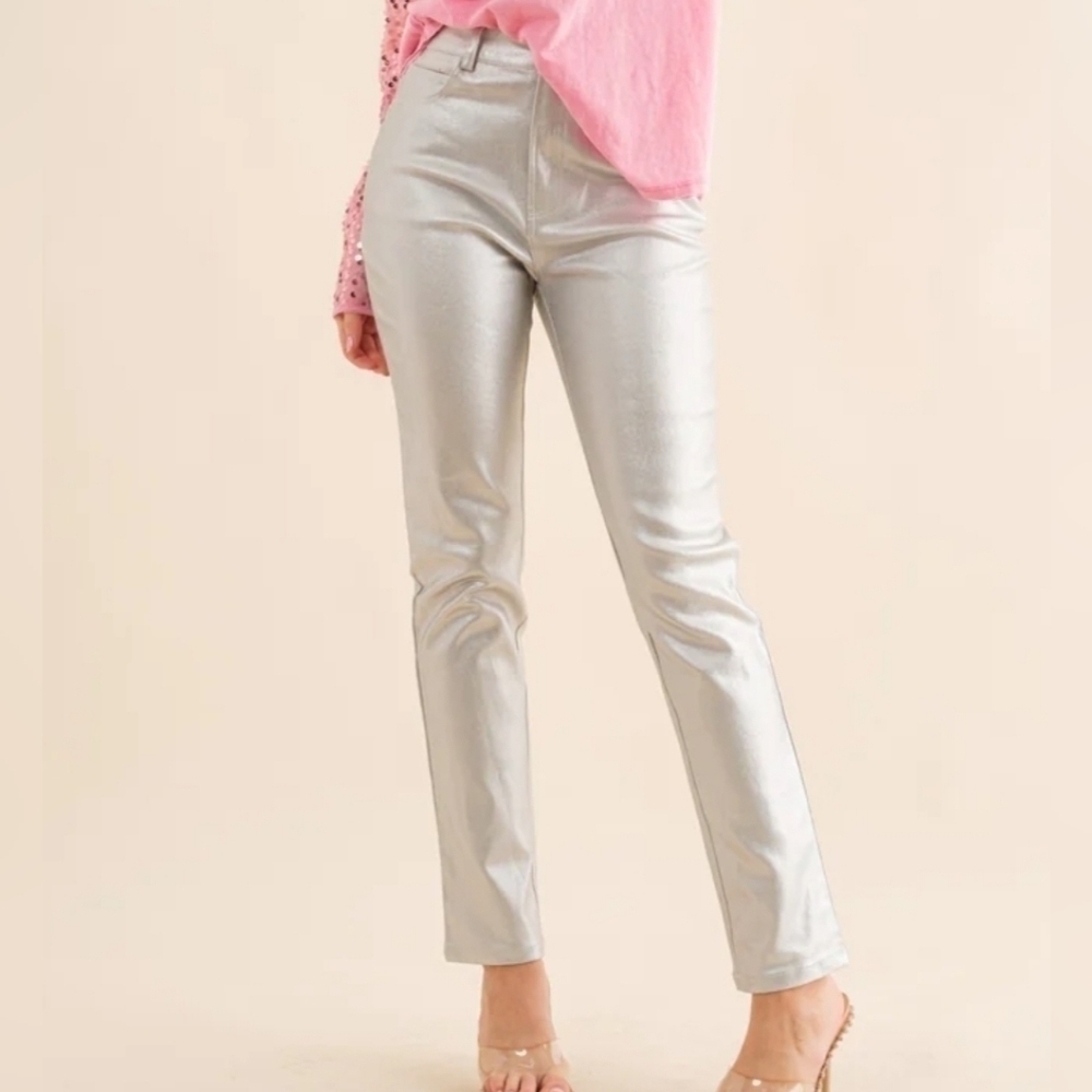 Metallic‎ Silver High Waist Straight Jeans Various Size